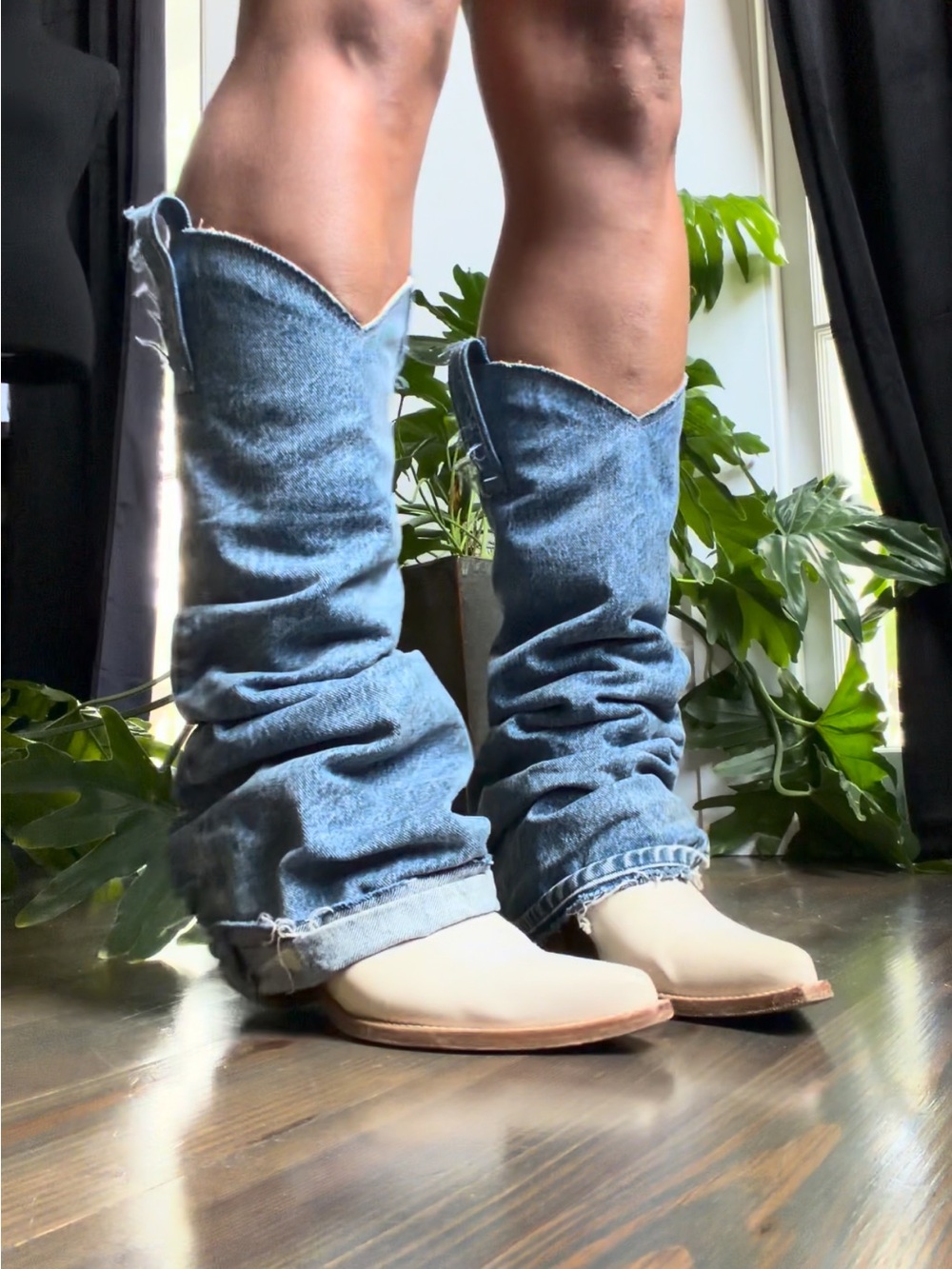 R13 Denim Slouchy Western Heeled Boots in Light Blue and Cream
